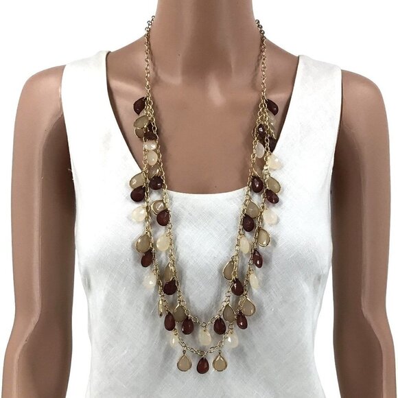 Charming Charlie Necklace Teardrop Fringe Gold Tone Brown Pale Pink - Picture 3 of 5